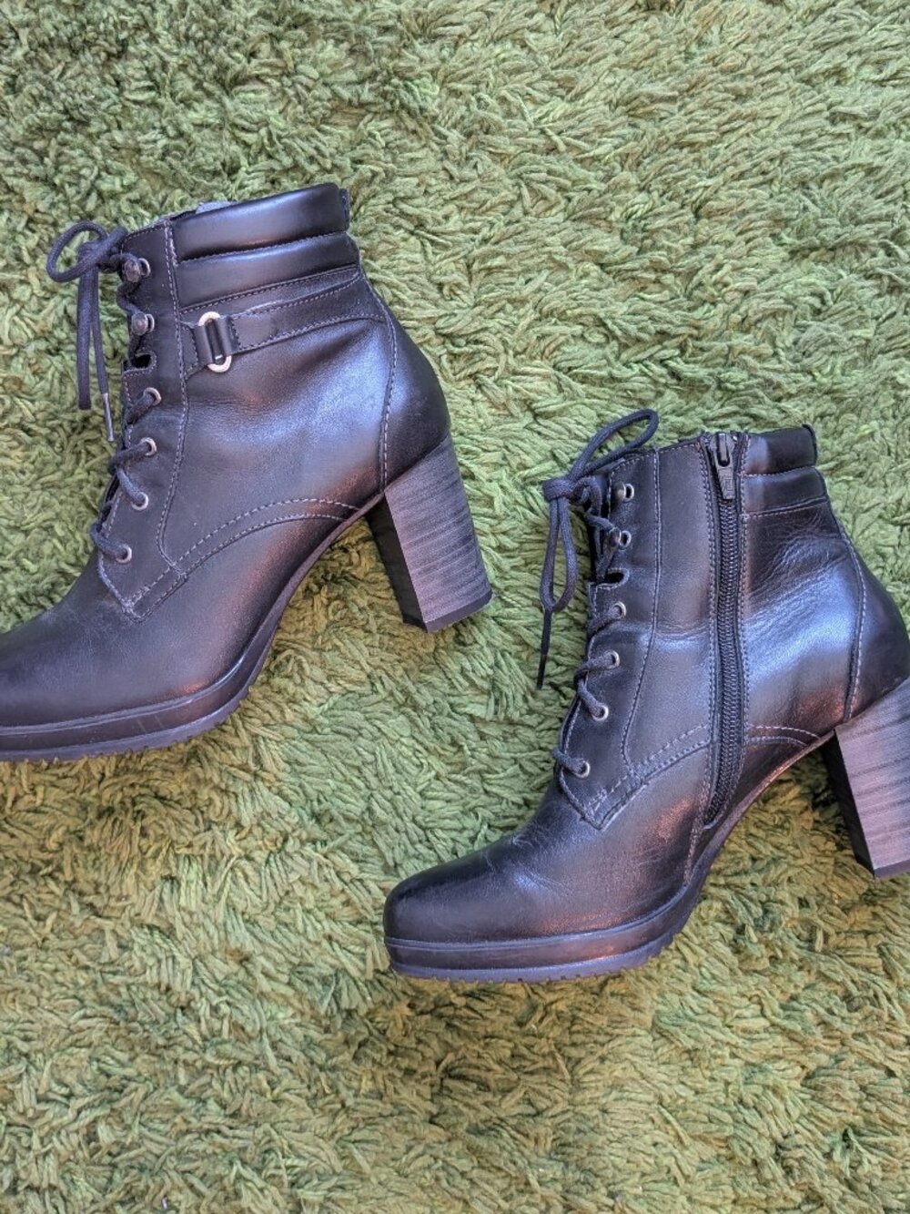 FLEXI black leather high heel combat boots, size 8